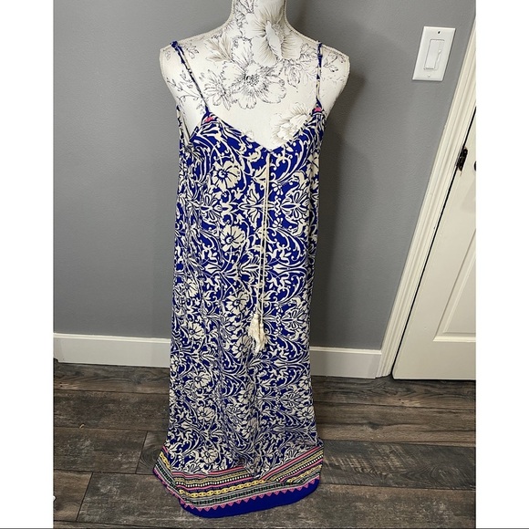 Pink Blush Floral Blue White Maxi Dress Size Small Boho Beach USA - Picture 1 of 3